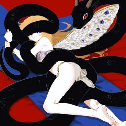 1girl absurdres angel_wings animal animal_hug barefoot black_snake blonde_hair blue_eyes boagnnnnnnn bra breasts closed_mouth demon eyes_in_wings feathered_wings feet full_body highres long_hair looking_at_viewer original pelvic_curtain red_eyes small_breasts smile snake underwear wings