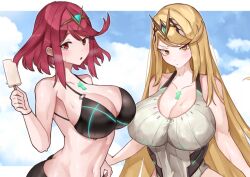 Rule 34 | 1girl, absurdres, adjusting buruma, adjusting clothes, adjusting swimsuit, bikini, black bikini, blonde hair, blush, breasts, buruma, chest jewel, cleavage, competition swimsuit, food, highleg, highres, jewelry, large breasts, long hair, looking at viewer, mythra (xenoblade), navel, one-piece swimsuit, open mouth, popsicle, pyra (xenoblade), red eyes, red hair, short hair, solo, steam, sweat, swept bangs, swimsuit, tiara, very long hair, xenoblade chronicles (series), xenoblade chronicles 2, yellow eyes, yotsuha uni