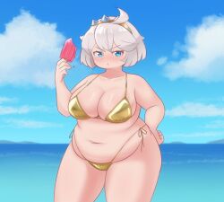 1girl beach bikini blue_eyes blush breasts cleavage elphelt_valentine fat fat_woman food gold_bikini guilty_gear guilty_gear_strive hairband hand_on_own_hip highleg highleg_bikini highres holding holding_food holding_popsicle large_breasts navel ocean outdoors plump popsicle pout scarlet_evergleam short_hair side-tie_bikini_bottom sky solo spiked_hairband spikes standing string_bikini swimsuit white_hair