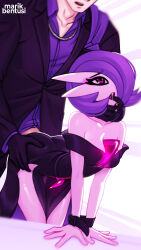 1boy 1girl alternate_color alternate_shiny_pokemon artist_name backlighting bare_shoulders belt bent_over black_dress black_gloves black_jacket blurry bob_cut bound bound_wrists breasts collarbone collared_shirt colored_skin cowboy_shot depth_of_field dress drooling eyeshadow finger_in_another&#039;s_mouth gardevoir gen_3_pokemon gloves hair_over_one_eye head_out_of_frame hetero highres interspecies jacket jewelry long_sleeves makeup marik_bentusi necklace nintendo off-shoulder_dress off_shoulder one_eye_covered open_mouth original pink_eyes pink_eyeshadow pink_skin pocket_square pokemon pokemon_(creature) purple_hair purple_shirt raised_eyebrows saliva sex sex_from_behind shirt short_hair small_breasts waist_grab watermark white_background