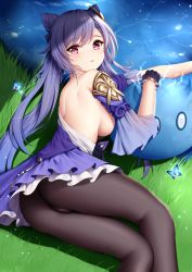1girl arm_rest ass bare_shoulders black_gloves black_pantyhose breasts bug butterfly cameltoe cone_hair_bun detached_sleeves double_bun dress genshin_impact gloves grass hair_bun hair_ornament highres insect keqing_(genshin_impact) long_hair looking_at_viewer lying medium_breasts monster on_side pantyhose parted_lips purple_dress purple_eyes purple_hair sideboob slime solo twintails water wsman
