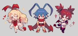 Rule 34 | 1boy, 2girls, antenna hair, bat wings, bikini, bikini top only, black gloves, blonde hair, blue hair, blush, bracelet, chibi, chibi only, choker, commentary, demon boy, demon girl, demon tail, demon wings, disgaea, earrings, etna (disgaea), fallen angel, fang, fangs, flat chest, flonne, gloves, grey background, hair between eyes, hands on own hips, heart, highres, huge antenna hair, jewelry, laharl, long hair, looking at viewer, mini wings, multiple girls, navel, o-ring, o-ring choker, one eye closed, open mouth, pointy ears, red eyes, red hair, red scarf, red shorts, red tail, red wings, scarf, shorts, siyer, skull earrings, smile, sparkle, swimsuit, symbol-only commentary, tail, thighhighs, topless male, twintails, wings