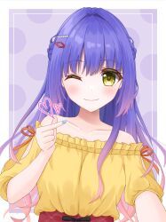 Rule 34 | 1girl, ;), bare shoulders, blue hair, blue nails, blush, border, braid, closed mouth, collarbone, colored eyelashes, commentary request, commission, eyelashes, eyes visible through hair, finger heart, gradient hair, gyaru, hair between eyes, hair intakes, hair ornament, hairclip, half up braid, hand up, happy, heart, highres, kohibari kurumi, long hair, looking at viewer, moto17829, multicolored hair, nail polish, off-shoulder shirt, off shoulder, official alternate costume, official alternate hairstyle, one eye closed, orange ribbon, outside border, pink hair, purple background, ribbon, shirt, short sleeves, simple background, smile, solo, tareme, tenshi souzou re-boot!, upper body, very long hair, white border, yellow eyes, yellow shirt