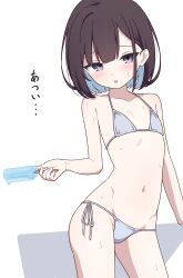 1girl absurdres bikini flat_chest food highres holding holding_food holding_popsicle hot loli melting_popsicle micro_bikini multicolored_hair navel original popsicle purple_eyes side-tie_bikini_bottom solo stomach swimsuit two-tone_hair ypyp33333