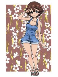 1girl akaboshi_koume blue_overalls breasts brown_hair closed_mouth clothing_cutout commentary girls_und_panzer looking_at_viewer medium_breasts naked_overalls outline overall_shorts overalls salute sandals short_hair side_cutout smile solo standing takahashi_kurage wavy_hair white_outline white_sandals