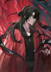Rule 34 | 1boy, black hair, black hanfu, blood, blood on clothes, blood on face, blood on hands, blood on neck, chinese clothes, chinese commentary, closed mouth, coat, collarbone, cowboy shot, creature, dao gui yi xian, expressionless, eyeball, fuutan, hair between eyes, hair bun, hair ribbon, half updo, hanfu, highres, li huowang, li sui (tentacles), long hair, long sleeves, looking at viewer, male focus, open clothes, open coat, red coat, red eyes, red ribbon, ribbon, robe, sash, single hair bun, solo, tentacles, upper body, wide sleeves