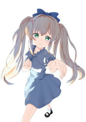 1girl absurdres black_shoes blonde_hair blue_bow blue_ribbon blue_skirt blush bow c: clenched_hand closed_mouth commentary floating_hair foot_out_of_frame foreshortening frilled_shirt frills green_eyes hair_between_eyes hair_bow hair_intakes hair_ornament hand_up happy high-waist_skirt highres long_hair looking_at_viewer mary_janes miraikanai neck_ribbon official_alternate_costume outstretched_arm pov puffy_short_sleeves puffy_sleeves reaching reaching_towards_viewer ribbon ringed_eyes shirt shoes short_sleeves sidelocks simple_background skirt smile socks solo standing summer_pockets tsumugi_wenders twintails underlighting white_background white_shirt white_socks x_hair_ornament