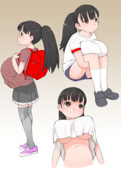 1girl backpack bag black_hair breasts brown_eyes gradient_background huge_breasts j7w long_hair multiple_views navel oppai_loli out-of-frame_censoring ponytail standing underboob upshirt