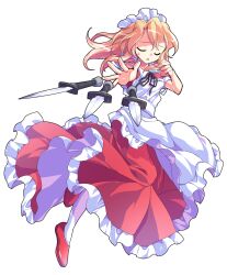 1girl :o alphes_(style) apron bare_arms black_ribbon blonde_hair breasts closed_eyes collared_dress commentary_request dairi dress facing_viewer frilled_apron frilled_dress frills frown full_body hair_between_eyes hair_intakes large_variant_set leg_up long_hair maid maid_apron maid_headdress open_mouth palms pantyhose parody puffy_short_sleeves puffy_sleeves red_dress red_shoes ribbon shoes short_sleeves small_breasts solo style_parody sweatdrop sword throwing touhou touhou_(pc-98) transparent_background variant_set weapon white_apron white_pantyhose yellow_eyes yumeko_(touhou)