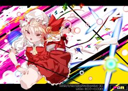 1girl absurdres ascot blonde_hair bow crystal crystal_wings embodiment_of_scarlet_devil fang flandre_scarlet frills full_body hat highres letterboxed long_hair looking_at_viewer mister_eru mob_cap open_mouth puffy_short_sleeves puffy_sleeves red_eyes red_skirt red_vest ribbon shirt short_sleeves side_ponytail skirt solo touhou vampire vest wings wrist_cuffs yellow_ascot