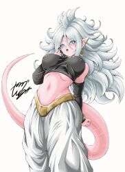 1girl android_21 artist_name blue_eyes blush breasts colored_skin covered_erect_nipples crop_top dragon_ball dragon_ball_fighterz earrings female_focus highres hoop_earrings jewelry large_breasts majin_android_21 navel pink_skin pointy_ears signature tagme tail white_hair young_jijii