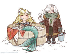 2girls ^_^ animal barrel black_boots black_gloves blonde_hair boots brown_coat bucket closed_eyes coat covered_mouth deformed eating fish fish_(food) flower gloves green_necktie green_pants green_scarf hair_flower hair_ornament holding holding_animal holding_bucket holding_fish maryallen138 mermaid monster_girl multiple_girls necktie pants partially_submerged purple_eyes reverse:1999 scales scarf scarf_over_mouth shirt snow standing vila_(reverse:1999) white_background white_flower white_hair white_shirt windsong_(reverse:1999)