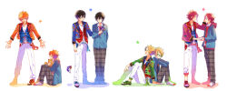 Rule 34 | 4boys, absurdres, akehoshi subaru, animal, bangs pinned back, black hair, blonde hair, blue eyes, blue jacket, closed eyes, closed mouth, cropped jacket, dog, ensemble stars!, facing another, full body, glasses, green eyes, green jacket, hair between eyes, hand on another&#039;s head, hand on own leg, hidaka hokuto, highres, holding, holding animal, holding dog, holding mask, isara mao, jacket, long sleeves, looking at another, mask, multiple boys, multiple views, open clothes, open jacket, open mouth, orange hair, orange jacket, pants, plaid clothes, plaid pants, red hair, school uniform, short hair, simple background, sitting, smile, standing, star (symbol), white background, white pants, yuuki makoto (ensemble stars!), zu tonatuyasumi