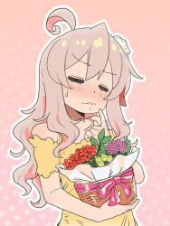 1girl =_= ahoge alternate_costume bare_arms bare_shoulders basket blush closed_eyes commentary_request dress finger_to_mouth flower flower_basket grey_hair hair_flower hair_ornament highres holding holding_basket matado_(almukha) multicolored_hair onii-chan_wa_oshimai! outline oyama_mahiro pink_background pink_hair simple_background solo sweatdrop two-tone_hair upper_body wavy_hair wavy_mouth white_outline yellow_dress