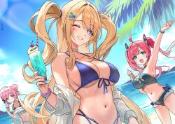 3girls absurdres ahoge ariko_(aaaaarik) azur_lane bare_shoulders beach bikini black_bikini blonde_hair blue_bikini blue_eyes blue_sky blush breasts cleavage commentary cup double_bun drinking_glass facial_mark fingernails food frilled_bikini frills front-tie_bikini_top front-tie_top guam_(azur_lane) hair_bun hair_intakes heart heart_facial_mark highres holding holding_cup holding_food holding_ice_cream ice_cream large_breasts long_hair looking_at_viewer multiple_girls nail_polish navel off_shoulder one_eye_closed open_clothes open_mouth open_shirt outdoors palm_leaf pink_eyes pink_hair purple_eyes purple_nails red_hair san_diego_(azur_lane) saratoga_(azur_lane) saratoga_(seven_seas_of_rest)_(azur_lane) shirt sky smile smoothie star-shaped_pupils star_(symbol) stomach swimsuit symbol-shaped_pupils twintails two_side_up v-shaped_eyebrows white_bikini white_shirt