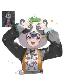 1girl :d absurdres animal_costume arms_up belle_(delicate_sunlight)_(zenless_zone_zero) belle_(zenless_zone_zero) black_shirt blue_hair blush chinese_clothes commentary cropped_torso dress dress_over_shirt green_eyes happy highres looking_at_viewer official_alternate_costume open_mouth orange_dress panda_costume reference_inset shirt simple_background smile solo upper_body vincent_leo white_background zenless_zone_zero