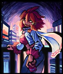Rule 34 | 1girl, :d, arm support, beads, black border, black sclera, border, breasts, building, can, city, cityscape, colored sclera, dark skin, denim, drink can, earrings, facial tattoo, fang, fur sleeve cuffs, hair beads, hair ornament, highres, holding, holding can, jacket, jeans, jewelry, large breasts, looking at viewer, messy hair, mogy64, multiple rings, night, night sky, open clothes, open jacket, open mouth, original, pants, plaid clothes, plaid scarf, red hair, ring, scarf, short hair, sky, skyscraper, smile, soda can, solo, spiked hair, star (sky), tattoo, white eyes, wind
