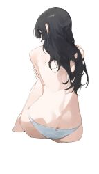1girl barefoot black_eyes black_hair black_nails butt_crack from_behind full_body highres kji_daily knees_up long_hair original panties simple_background sitting solo topless_female underwear white_background white_panties