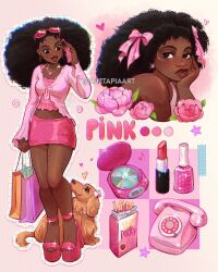 1girl afro antique_phone artist_name black_hair brown_dog brown_eyes brown_fur cosmetics dark-skinned_female dark_skin dog english_text eyewear_on_head flower food highres lipstick_tube luztapiaart miniskirt original phone pink-tinted_eyewear pink_flower pink_ribbon pink_shirt pink_shoes pink_skirt platform_heels pocky ribbon rotary_phone shirt shoes skirt tinted_eyewear very_dark_skin watermark