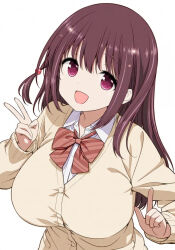 1girl achiga_school_uniform black_thighhighs blazer bow bowtie breasts brown_cardigan brown_jacket brown_shoes buttons cardigan collar hair_bobbles hair_ornament hand_up highres jacket kobayashi_ritz large_breasts long_sleeves matsumi_kuro non-web_source open_mouth pocket purple_eyes red_bow red_bowtie saki saki_(manga) saki_achiga-hen school_uniform shirt shoes smile solo thighhighs upper_body v white_background white_shirt