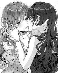 2girls absurdres blush bracelet closed_eyes commentary ear_piercing greyscale hand_in_another&#039;s_hair hashtag-only_commentary highres imminent_kiss jewelry light_particles long_hair looking_at_another monochrome multiple_girls off_shoulder open_mouth original piercing ring rococomm123 upper_body yuri