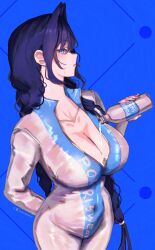 Rule 34 | 1girl, absurdres, alternate costume, black hair, blue eyes, bodysuit, bottle, breasts, cleavage, covered navel, curvy, erasorpepero, hair intakes, highres, holding, holding bottle, hololive, hololive english, large breasts, long hair, ouro kronii, partially unzipped, pocari sweat, pouring, pouring onto self, solo, thick thighs, thighs, virtual youtuber, water, water bottle, white bodysuit