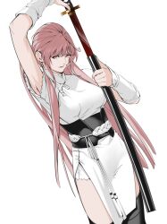1girl absurdres black_thighhighs breasts dress gokurakugai ha_ji_mi_de highres holding holding_sheath holding_sword holding_weapon long_hair medium_breasts nei_takarai_(gokurakugai) pink_hair sheath solo sword thighhighs unsheathing weapon white_background white_dress
