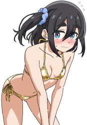 absurdres amamiya_satsuki_(mono) bikini blue_eyes breasts embarrassed gold_bikini golden_week hair_ornament hair_scrunchie highres leaning_forward mono_(afro) riokasen scrunchie small_breasts white_background