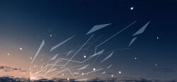 1girl cloud cloudy_sky commentary_request dawn fireflies highres lightning moon o-bana original outdoors sky solo standing sunrise tagme very_wide_shot