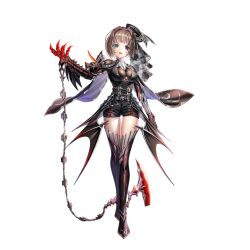 1girl arm_up baizu_(guszx) bat_wings belt blunt_bangs bob_cut breasts brown_hair chain cleavage excellia_cruz full_body green_eyes hat heterochromia large_breasts long_sleeves looking_at_viewer open_hand open_mouth red_eyes shironeko_project short_hair short_shorts shorts simple_background solo standing thighhighs thighs transparent_background wings zettai_ryouiki