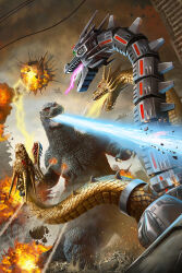aircraft airplane amputee atomic_breath breath_weapon breathing_lightning building claws cloud cloudy_sky cyborg day debris destruction dinosaur dragon dust ears electricity energy energy_beam epic explosion extra_teeth f-15_eagle forked_tongue giant giant_monster giant_robot godzilla godzilla_(series) godzilla_vs._king_ghidorah gravity_beam green_eyes highres hydra kaiju king_ghidorah laser mecha mecha-king_ghidorah metal_wings military monster mouth_beam multiple_heads muscular muscular_arms muscular_legs muscular_other no_humans no_pupils official_art open_mouth orange_eyes overcast pablo_olivera pectorals plasma plasma_beam pointy_ears prosthesis prosthetic_head prosthetic_wing realistic red_eyes robot rubble sky skyscraper smoke solar_panel solar_panel_wings sparks spikes tail tendril textless_version thick_thighs thighs toho tongue tongue_out triple-laser_beam variant_set wings