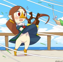 1boy 1girl beak bird_girl black_dress blush boots brown_hair cloud conductor_baton dangerking11 dress falling_leaves flying_sweatdrops harp headband holding holding_baton holding_harp holding_instrument instrument leaf leaves link loli long_hair low_ponytail medli navel nintendo no_panties no_pussy ocean open_mouth orange_boots pointy_ears ponytail railing red_eyes red_tabard rito short_sleeves sky surprised tabard the_legend_of_zelda the_legend_of_zelda:_the_wind_waker water wind wind_lift wind_waker_(object)
