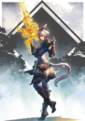 1girl animal_ears armor black_boots black_gloves black_hairband boots buttons cat_ears cat_girl cat_tail collared_jacket eyes_visible_through_hair final_fantasy final_fantasy_xiv fingerless_gloves from_side full_body gloves grey_hair grey_jacket grey_pants gunblade hair_over_one_eye hairband hands_up highres holding holding_weapon index_finger_raised jacket knee_boots leg_up looking_back machinist_(final_fantasy) miqo&#039;te pants pauldrons pouch short_hair shoulder_armor shukei slit_pupils smile solo standing standing_on_one_leg swept_bangs tail warrior_of_light_(ff14) weapon