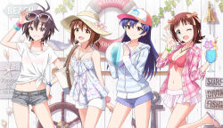 4girls adjusting_eyewear alternate_hairstyle amami_haruka anchor antenna_hair arm_up bag ball bare_shoulders beachball bell bikini bikini_skirt black_hair blue_hair blue_hoodie blue_shorts blush bob_cut bow bracelet breasts brown_eyes brown_hair camisole cherry cleavage closed_mouth collarbone cowboy_shot denim denim_shorts dolphin_print dot_nose drink drinking_straw eyewear_on_head flat_chest flip-flops flower food fruit green_eyes grin hagiwara_yukiho hair_bow hair_ribbon hair_tie hand_on_own_hip hands_up hat hat_flower holding holding_ball holding_beachball holding_drink holding_strap hood hood_down hoodie idolmaster idolmaster_(classic) idolmaster_million_live! idolmaster_million_live!_theater_days jacket jewelry kikuchi_makoto kisaragi_chihaya lemon lemon_slice long_hair long_sleeves looking_at_viewer medium_breasts midriff_peek multicolored_clothes multiple_bracelets multiple_girls navel necklace one_eye_closed open_clothes open_hand open_jacket open_mouth orange_ribbon outsider_0 pink_bikini pink_flower pink_jacket pink_scarf plaid_clothes plaid_jacket print_headwear purple_flower red_bikini ribbon sandals scarf scrunchie shell ship&#039;s_wheel shirt short_hair short_shorts short_sleeves shorts shoulder_bag skirt small_breasts smile standing standing_on_one_leg straw_hat striped_clothes striped_hoodie sunglasses swim_ring swimsuit tied_shirt tropical_drink twintails veins watch wheel white-framed_eyewear white_footwear white_shirt white_shorts white_skirt wooden_wall wrist_scrunchie wristwatch