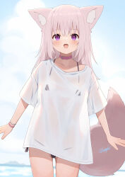 1girl absurdres animal_ears bikini bikini_under_clothes black_bikini blue_sky cloud day highres hinata_(user_rjkt4745) original pink_hair purple_eyes shirt sky smile solo swimsuit tail