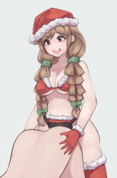 1girl absurdres bra breasts brown_hair cleavage dark_gathering dildo earrings femdom gloves hat highres houzuki_eiko jewelry kikiu_bd large_breasts open_mouth pegging red_eyes santa_costume santa_hat sex_toy strap-on thighhighs underwear