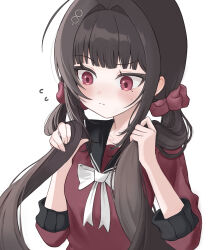1girl absurdres blunt_bangs blush brown_hair danganronpa_(series) danganronpa_v3:_killing_harmony flying_sweatdrops frown gwedo_(pinibell) hair_ornament hair_scrunchie harukawa_maki highres long_hair long_sleeves low_twintails mole mole_under_eye red_eyes red_scrunchie red_shirt sailor_collar school_uniform scrunchie shirt solo twintails