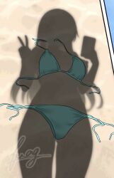 Rule 34 | 1girl, absurdres, aqua bikini, bikini, cellphone, commentary request, cowboy shot, dressed shadow (meme), female pov, furaggu (frag 0416), highres, holding, holding phone, implied nudity, kantai collection, long hair, meme, open clothes, phone, pov, pov shadow, sand, shadow, solo, suzuya (kancolle), swimsuit, taking picutre, untied bikini, unworn bikini, unworn bikini bottom, unworn bikini top