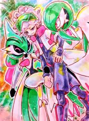 1boy armor bede_(pokemon) bede_(sygna_suit)_(pokemon) bob_cut colored_skin eyewear_on_head gardevoir gen_3_pokemon green-tinted_eyewear green_hair green_skin iron_valiant jacket katathumuri low_twintails multicolored_skin nintendo pink_eyes pokemon pokemon_(creature) pokemon_masters_ex robot tinted_eyewear twintails two-tone_skin waist_cape white_armor white_skin