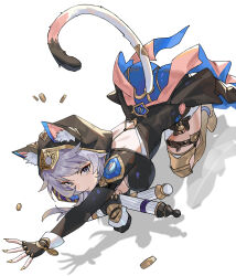 1girl animal_ear_fluff animal_ears animal_hood ass bent_over black_gloves black_leotard boots breasts cat_ears cat_girl cat_hood cat_tail cipher_(honkai:_star_rail) coin commentary_request fingerless_gloves gloves gold_boots gold_coin grey_hair highres holding holding_scroll honkai:_star_rail honkai_(series) hood hooded_leotard jia_ma large_breasts leotard scroll short_hair_with_long_locks simple_background solo tail thigh_boots white_background yellow_nails