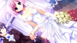 2girls ascot bare_shoulders blue_brooch bouquet breasts bridal_veil bride brown_hair brown_jacket church clothing_cutout collarbone dress dutch_angle flower fumio_(ura_fmo) game_cg glasses grisaia_(series) grisaia_no_meikyuu highres holding holding_bouquet holding_hands indoors jacket komine_sachi looking_at_another looking_at_viewer medium_breasts multiple_girls non-web_source petals pew pink_hair red_carpet red_eyes rimless_eyewear rose shirt short_hair smile stomach_cutout strapless strapless_dress suit_jacket tachibana_chizuru_(grisaia) tiara veil wedding_dress white_ascot white_dress white_shirt white_veil yellow_flower yellow_rose