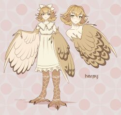 Rule 34 | 1girl, absurdres, animal ears, bird ears, bird legs, blonde hair, blush, bow, breasts, claws, commentary, dress, english commentary, feathered wings, feathers, freckles, green eyes, hair bow, harpy, highres, medium hair, monster girl, multicolored wings, multiple views, original, small breasts, talons, twitter username, unreal fish, white dress, winged arms, wings, yellow feathers, yellow wings