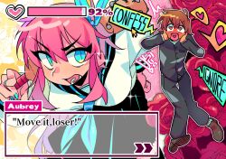 !? 1boy 1girl alternate_costume aubrey_(faraway)_(omori) aubrey_(omori) baseball_bat belt black_pants black_skirt blue_eyes blue_hairband blue_nails blue_neckerchief blush breasts brown_belt brown_hair brown_shoes dark-skinned_male dark_skin english_text full-face_blush hairband heart heart_in_eye heart_in_mouth highres holding holding_baseball_bat huasuan69416 kel_(faraway)_(omori) kel_(omori) long_hair lower_teeth_only medium_breasts nail_(hardware) nail_bat neckerchief omori open_mouth pants pink_hair school_uniform shoes short_hair skirt speech_bubble spoken_heart symbol_in_eye teeth