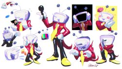 2boys ant_tenna black_jacket black_pants blue_bow blue_bowtie blush_stickers bow bowtie deltarune fangs flower flying_sweatdrops gloves guruo_(gur_sp) hat highres holding holding_microphone jacket male_focus microphone multiple_boys multiple_views necktie object_head open_mouth own_hands_together pants pointing pointy_nose red_jacket shoes signature spamton_g._spamton sparkle sweat tailcoat teeth television white_gloves white_hat yellow_necktie yellow_shoes