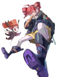 ahoge baguette black_boots black_jacket blush boots bread closed_mouth collarbone creatures_(company) drill_hair eating flat_chest food full_body game_freak gen_5_pokemon grey_eyes grey_shirt hair_over_one_eye hashtag-only_commentary highres holding holding_food imminent_bite jacket kasane_teto knee_boots legendary_pokemon looking_at_viewer meloetta meloetta_(pirouette) mythical_pokemon nintendo open_mouth pantyhose platform_boots pokemon pokemon_(creature) project_voltage red_eyes red_hair rival_teto_(project_voltage) ru_y021 shirt simple_background skirt symbol-shaped_pupils triangle-shaped_pupils twin_drills upper_body utau vocaloid white_background white_pantyhose yellow_skirt