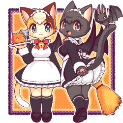 2girls animal_ears apron bat_(animal) bat_wings black_dress bloomers border bow bowtie broom calico cat_ears cat_girl cat_tail commentary_request dress furry furry_and_animal furry_female green_eyes halloween holding holding_broom holding_tray jack-o&#039;-lantern jaggy_lines looking_at_viewer lowres maid mouse_(animal) multiple_girls oekaki original red_bow red_bowtie tail takiune tray underwear white_apron white_bloomers white_border wings