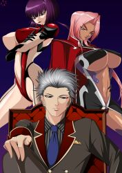 1boy 2girls breasts dark-skinned_female dark_skin edwin_black ingrid_(taimanin_asagi) large_breasts long_hair mamerui multiple_girls oboro_(taimanin_asagi) taimanin_(series) taimanin_asagi taimanin_murasaki