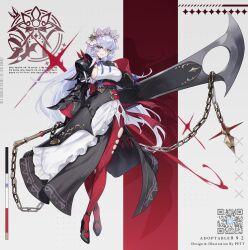1girl armor belt black_choker black_gloves black_shoes breasts brown_eyes choker color_guide eyebrows_hidden_by_hair flail full_body gloves hair_between_eyes half_gloves hand_on_own_chest high_heels highres holding holding_sword holding_weapon huge_weapon large_breasts long_hair looking_at_viewer maid open_mouth original pantyhose pauldrons petcha_the_o purple_hair red_pantyhose shoes shoulder_armor single_pauldron smile solo sword unconventional_maid very_long_hair weapon white_headdress