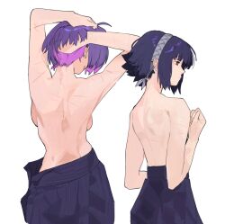 2girls ahoge alice_(raneblu) arms_up black_hair black_skirt breasts brown_eyes colored_inner_hair from_behind hairband hands_in_own_hair highres looking_to_the_side mara_(raneblu) medium_breasts multicolored_hair multiple_girls original pink_hair profile purple_hair raneblu scar scar_on_arm scar_on_back short_hair sideboob sidelocks simple_background skirt topless_female upper_body white_background