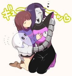 1boy 1other ^_^ android black_pants blue_hair blue_sweater brown_hair brown_shoes cheek_press closed_eyes colored_skin flying_sweatdrops frisk_(undertale) full_body ghost gloves grey_skin hand_on_another&#039;s_chest heart hug mettaton mettaton_ex napstablook open_mouth osushi_(nbranm) pants seiza shoes short_hair simple_background sitting sweater undertale white_background white_gloves